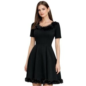 Merve Facette Vintage Black Feather Trim Fit and Flare Cocktail Dress Size Small